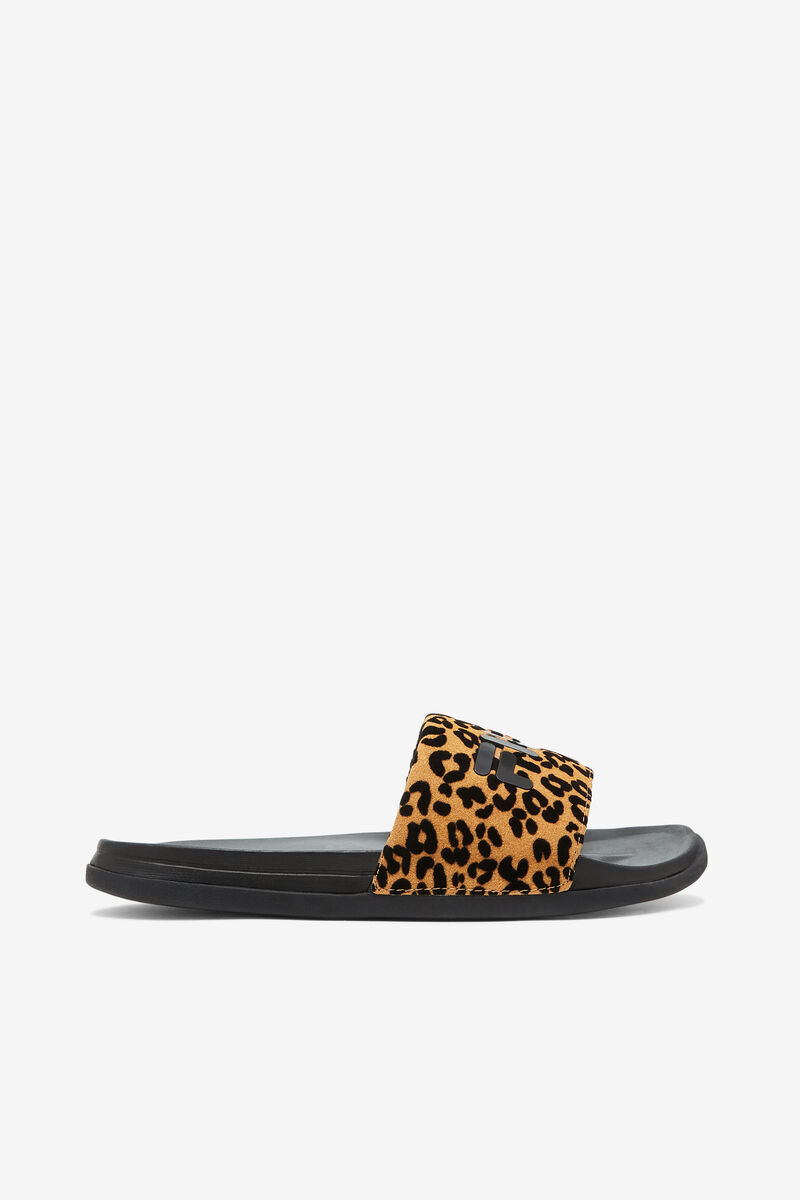 Black / Black / Leopard Women's Fila Drifter Luxe Wild Sandals | nZcBZbomX66