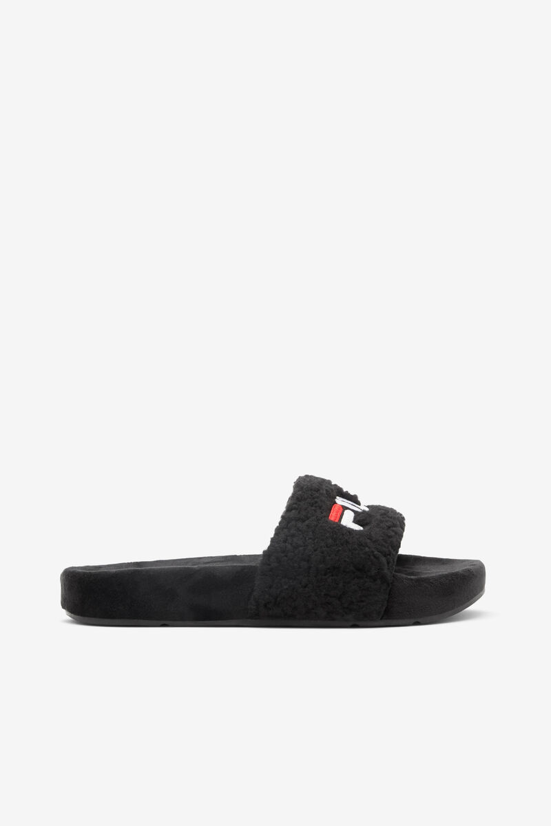 Black / Red / White Women's Fila Fuzzy Drifter Sandals | 2uNXg9vPM1N