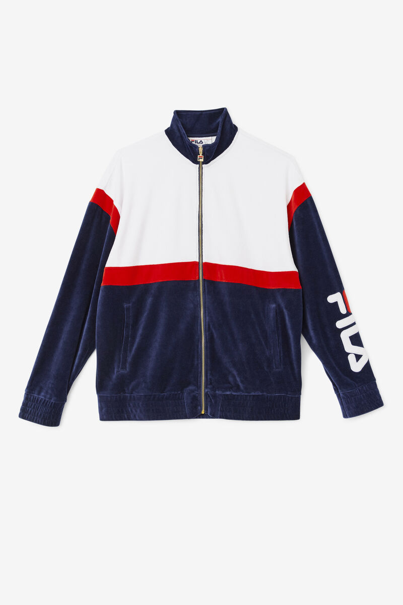 Navy / White / Red Men's Fila Mansur Velour Jacket Jackets | 9nxTtrKoQYV