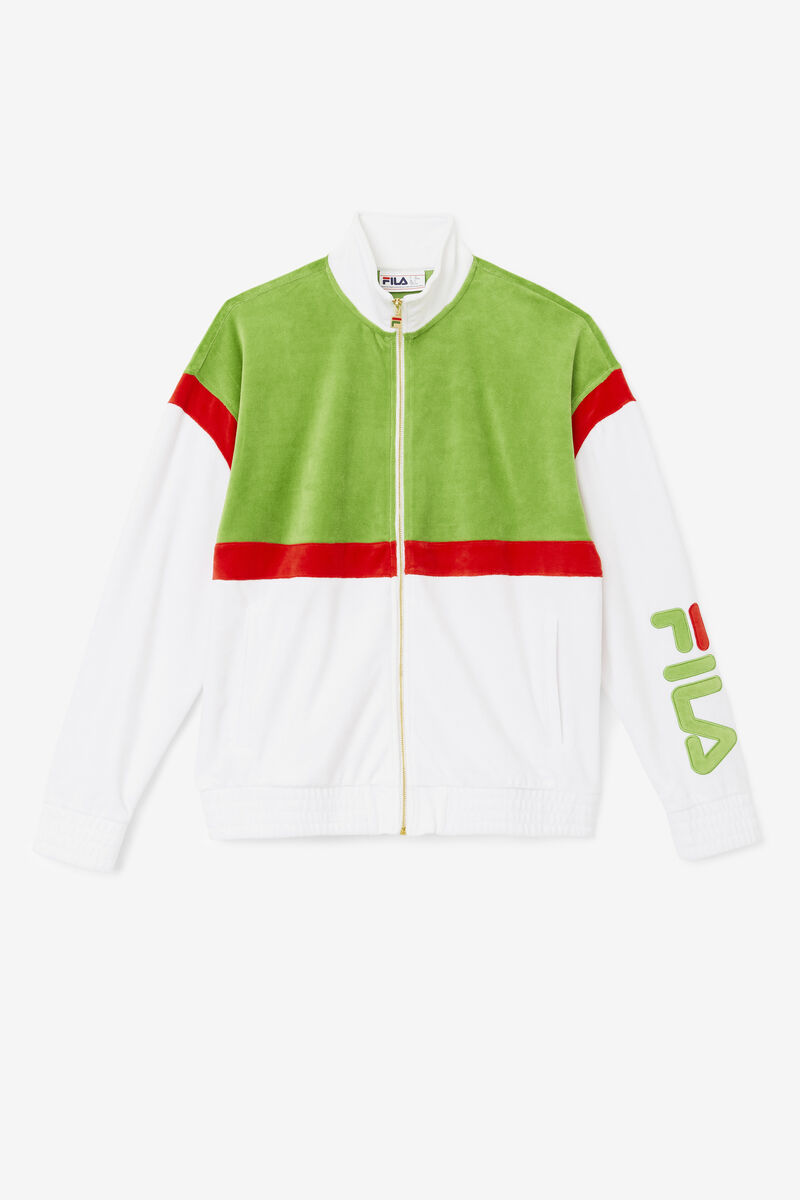 White / Green / Red Men's Fila Mansur Velour Jacket Tracksuits | 48MSJtIfLaz