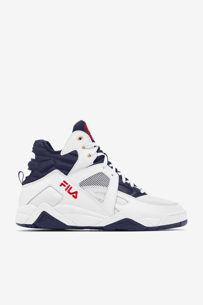 White / Red / Blue Men's Fila Cage Mid Top Basketball Shoes | Fila Trainers | zhjpgR4ISiI