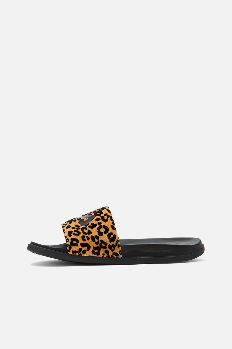 Black / Black / Leopard Women's Fila Drifter Luxe Wild Sandals | nZcBZbomX66