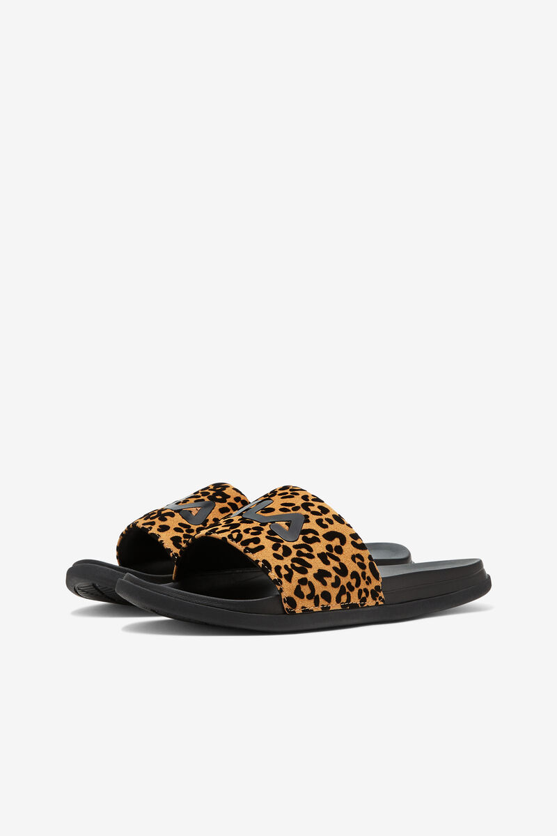 Black / Black / Leopard Women's Fila Drifter Luxe Wild Sandals | nZcBZbomX66