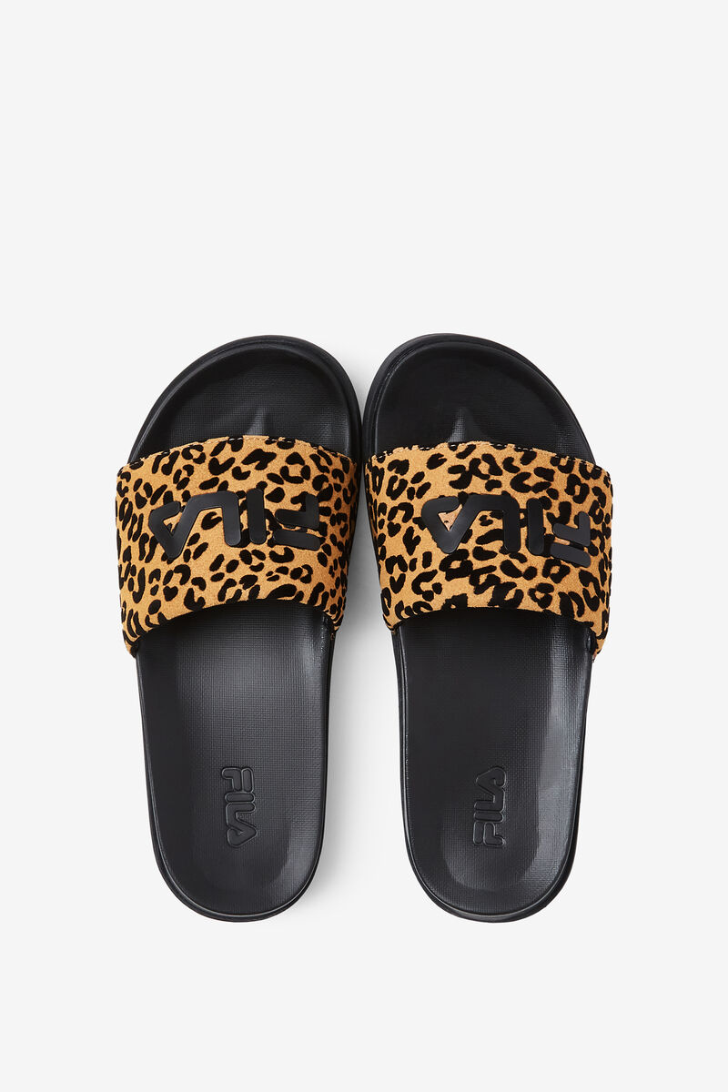 Black / Black / Leopard Women's Fila Drifter Luxe Wild Sandals | nZcBZbomX66