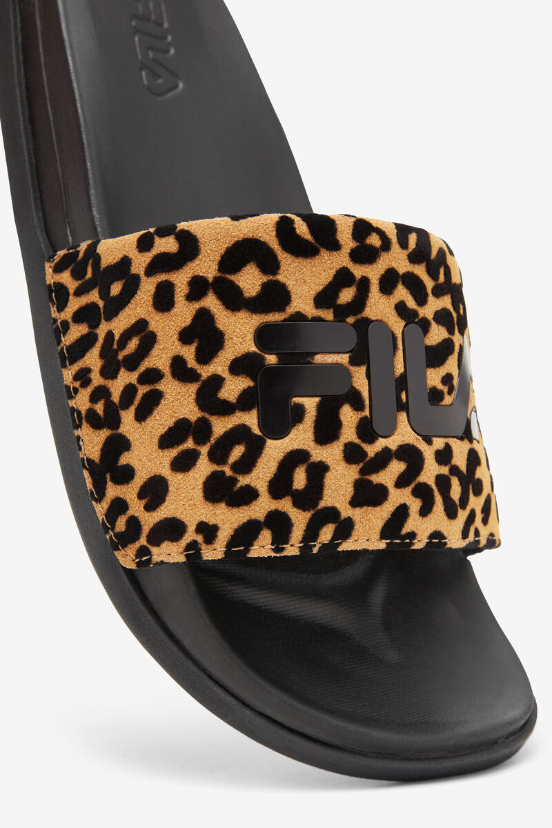 Black / Black / Leopard Women's Fila Drifter Luxe Wild Sandals | nZcBZbomX66