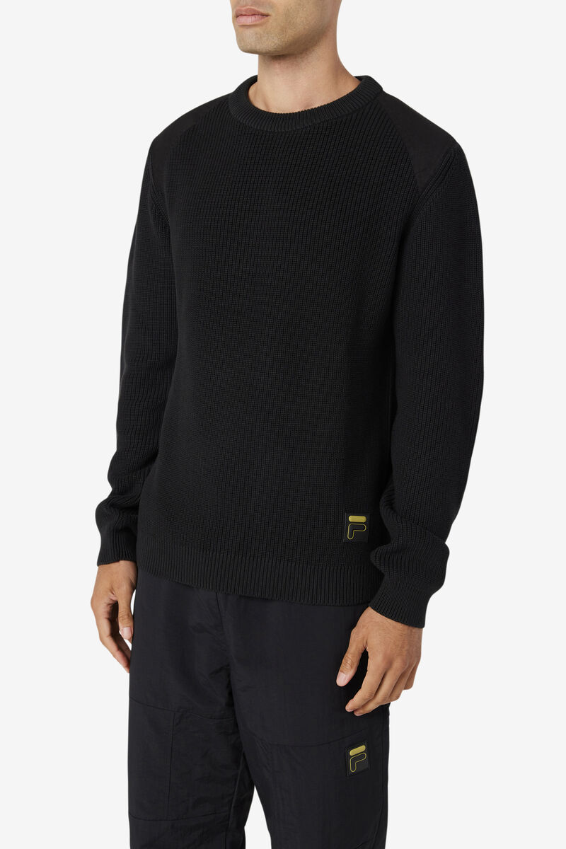 Black Men's Fila Jory Fisherman Knit Crew Sweaters | 3tzFCjI9oIy