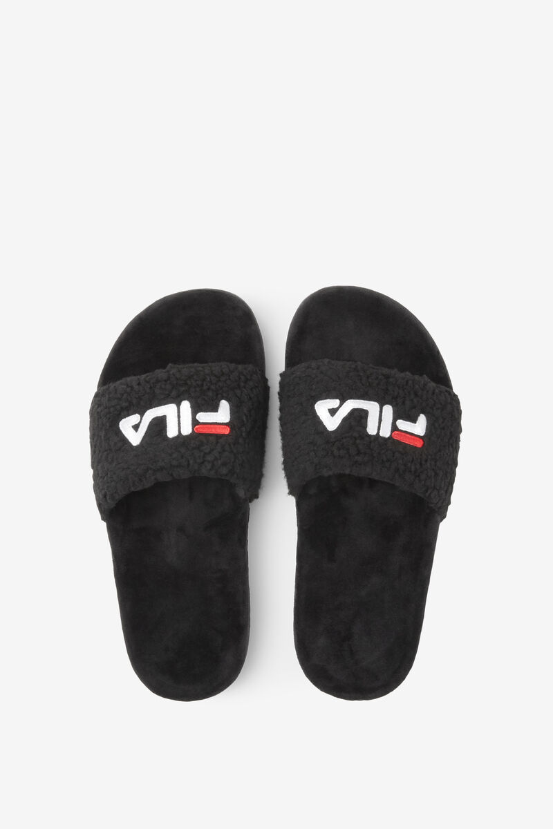 Black / Red / White Women's Fila Fuzzy Drifter Sandals | 2uNXg9vPM1N