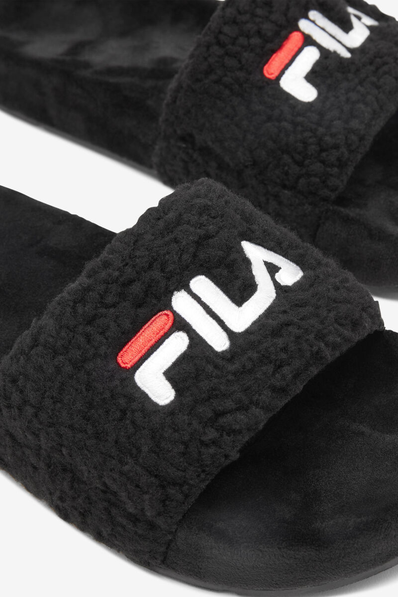 Black / Red / White Women's Fila Fuzzy Drifter Sandals | 2uNXg9vPM1N