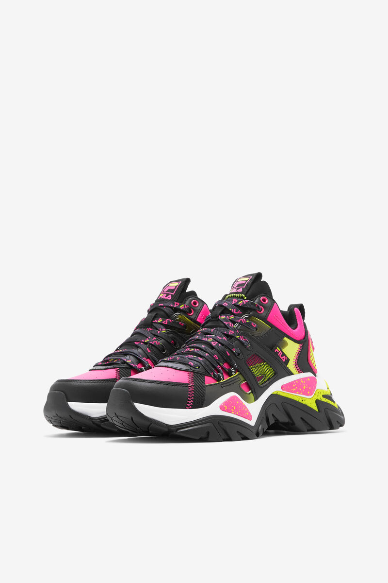 Black / White / Pink Women's Fila Cage Mid Mixed Media Trainers | C5fakhk2JXu