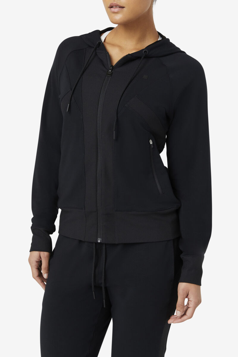 Black Women's Fila Fi-lux Texture Full Zip Hoodie Jackets | FWR8QLqiljz