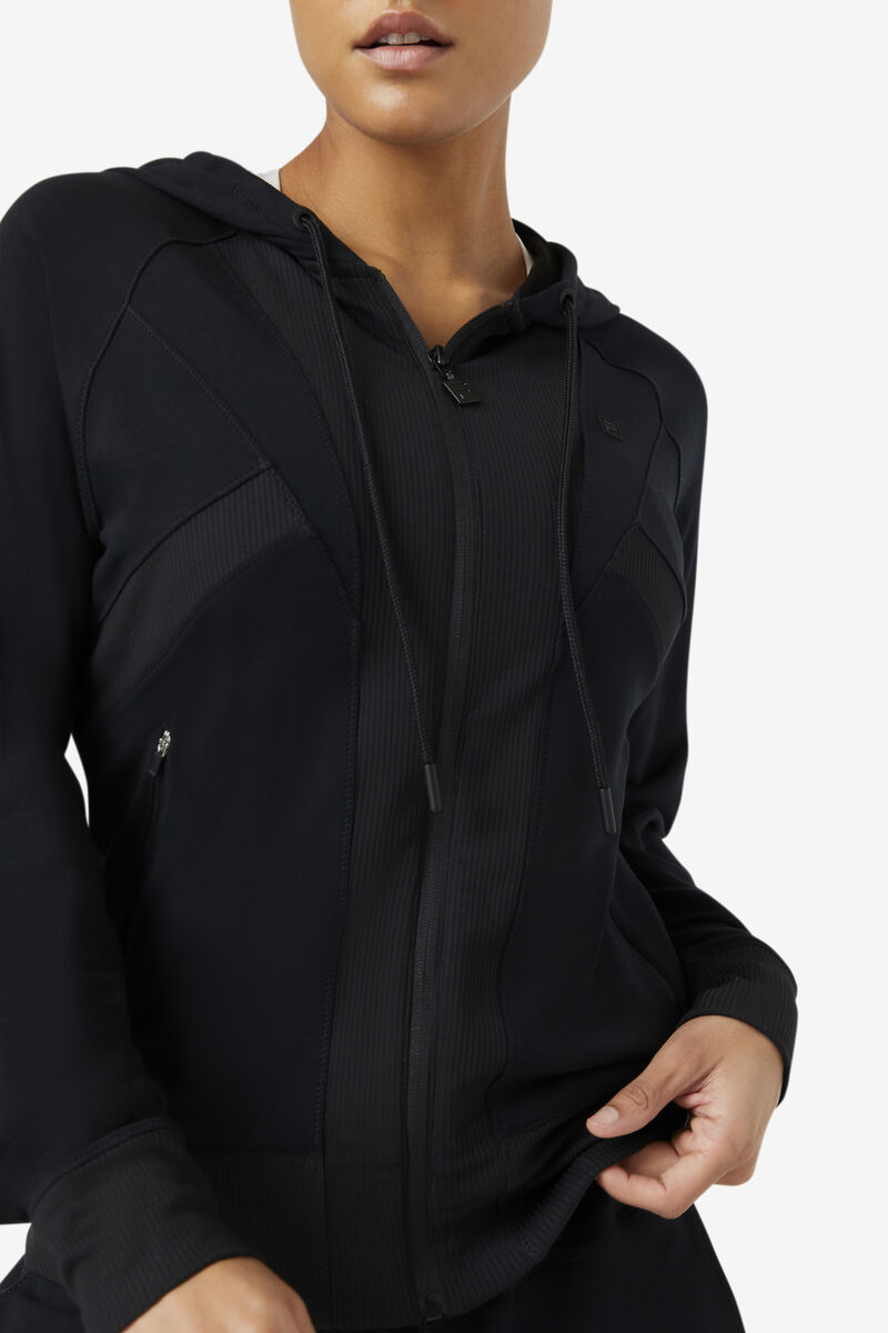 Black Women's Fila Fi-lux Texture Full Zip Hoodie Jackets | FWR8QLqiljz