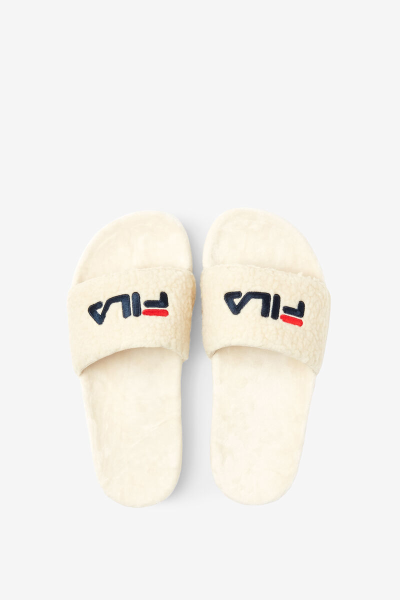 Cream / Navy / Red Women's Fila Fuzzy Drifter Sandals | OVumth6mU8c