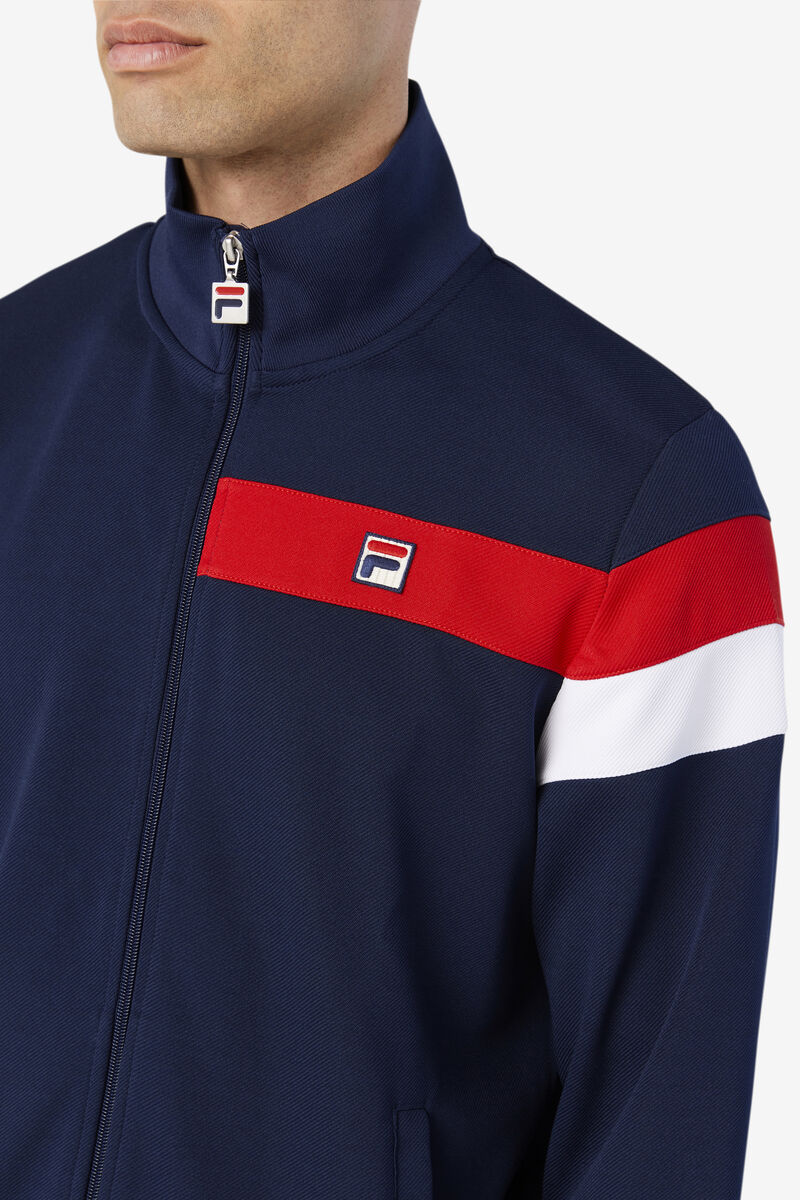 Navy / Red / White Men's Fila Malcolm Track Jacket Jackets | 4HRBGJ91iUo