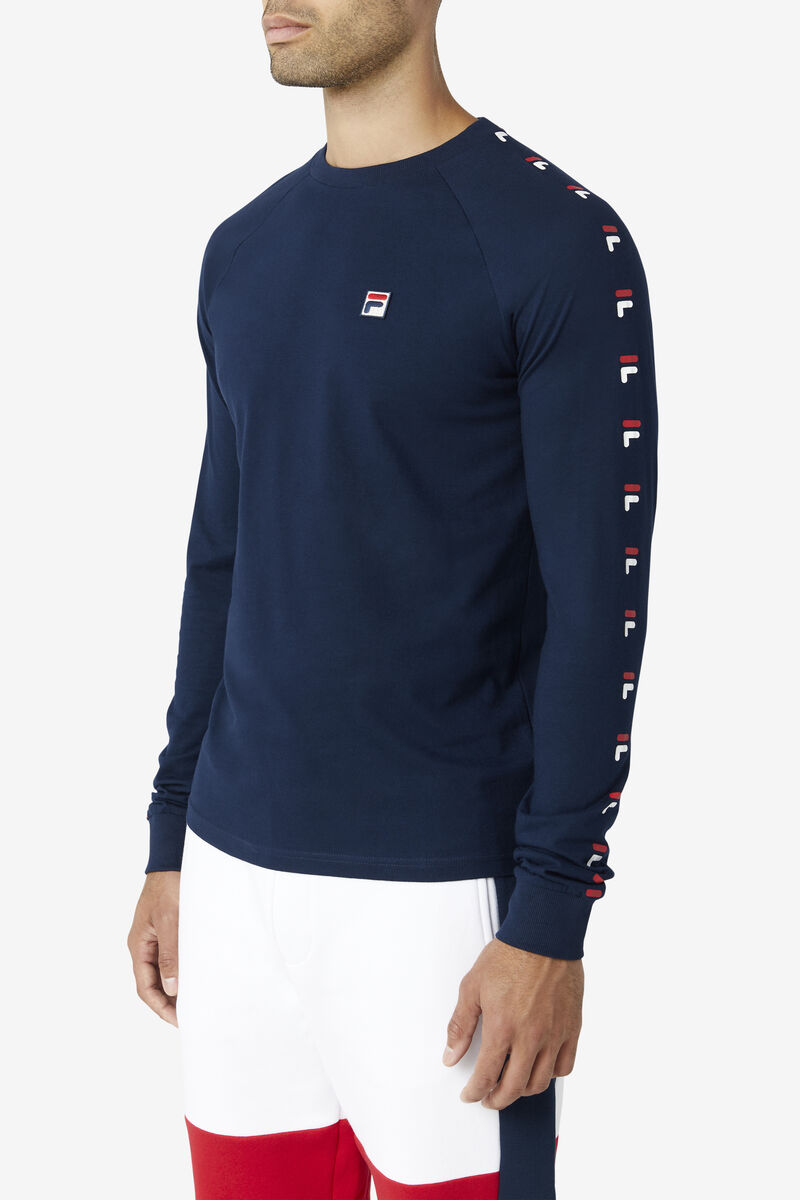 Navy / Red / White Men's Fila Zubby Long Sleeve Shirt | YgkGDCP81An