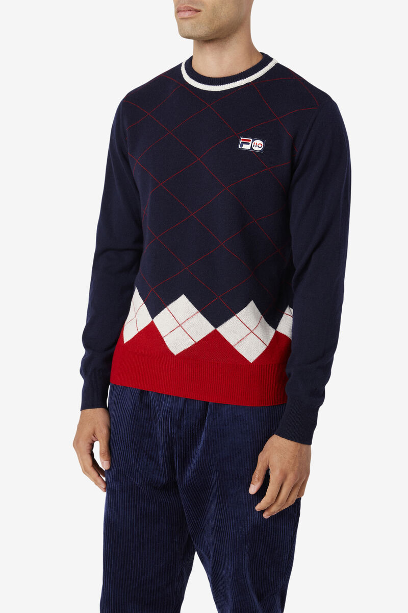 Navy / White / Red Men's Fila 110 Argyle Crew Neck Cashmere Sweater Sweaters | AmmrxADPsgV