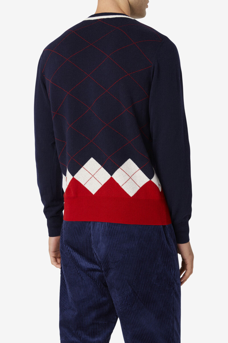 Navy / White / Red Men's Fila 110 Argyle Crew Neck Cashmere Sweater Sweaters | AmmrxADPsgV