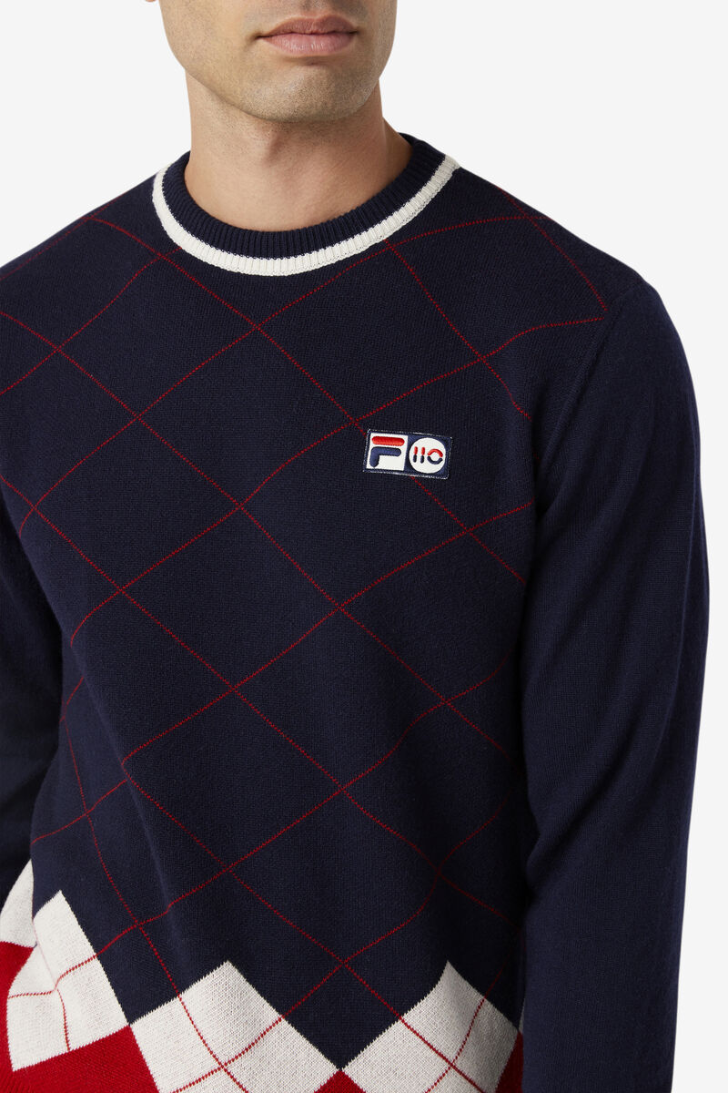 Navy / White / Red Men's Fila 110 Argyle Crew Neck Cashmere Sweater Sweaters | AmmrxADPsgV