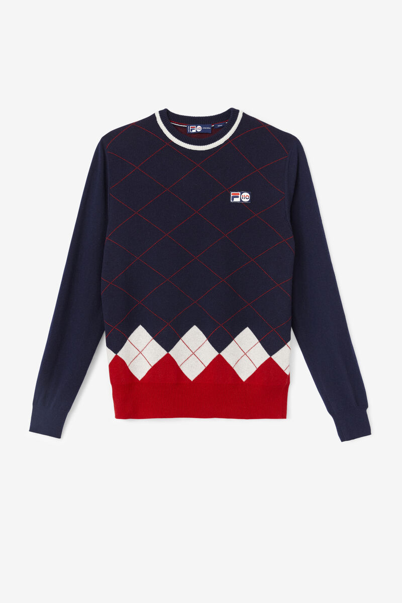 Navy / White / Red Men\'s Fila 110 Argyle Crew Neck Cashmere Sweater Sweaters | AmmrxADPsgV