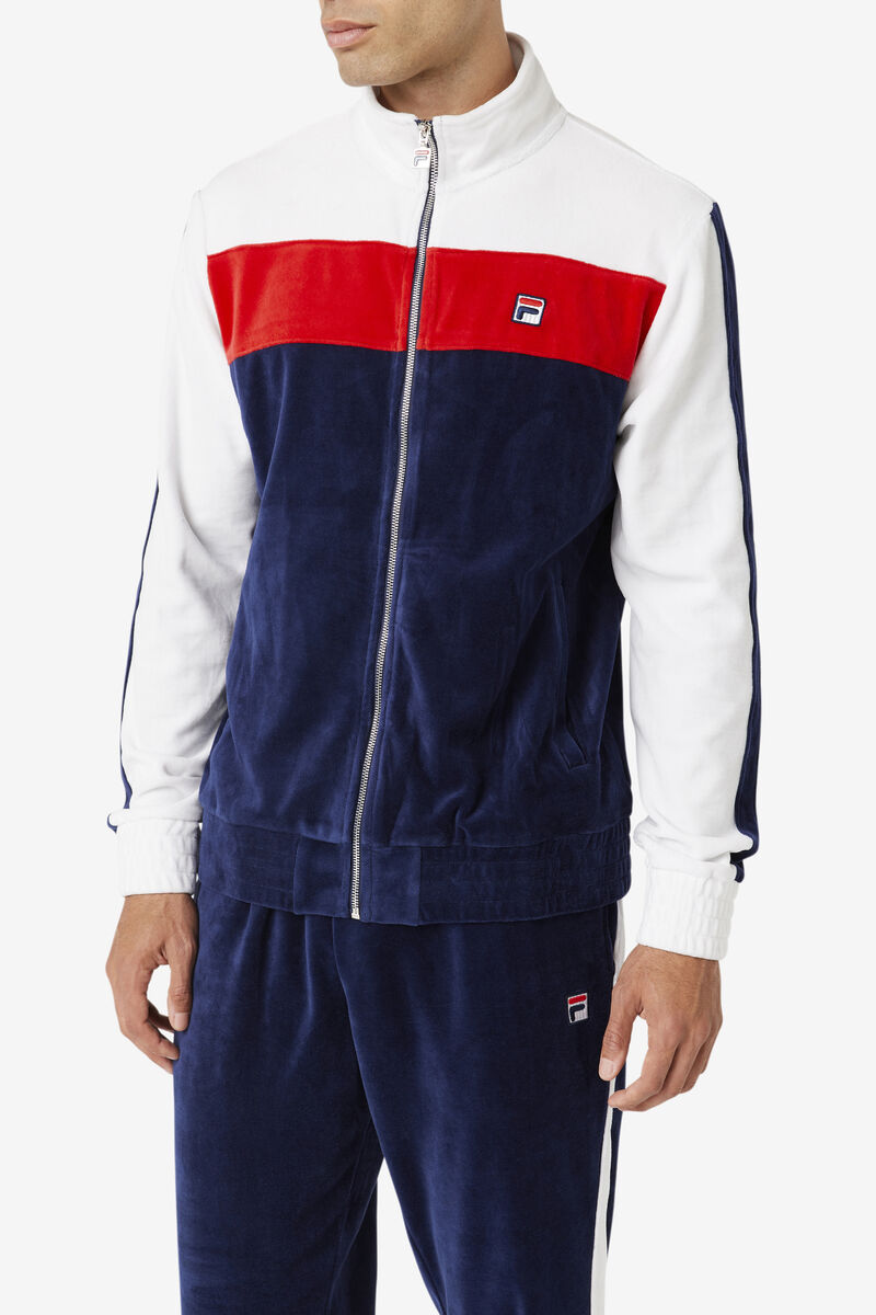 Navy / White / Red Men's Fila Brice Velour Jacket Jackets | Ng7y33CCFYd