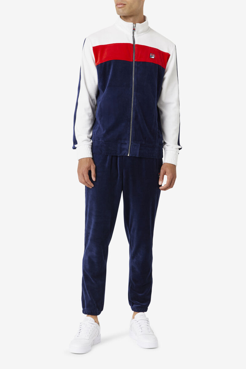 Navy / White / Red Men's Fila Brice Velour Pant Tracksuits | UPlE2iEtmPx