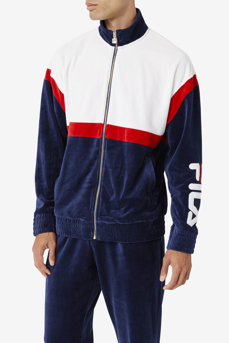 Navy / White / Red Men's Fila Mansur Velour Jacket Jackets | 9nxTtrKoQYV