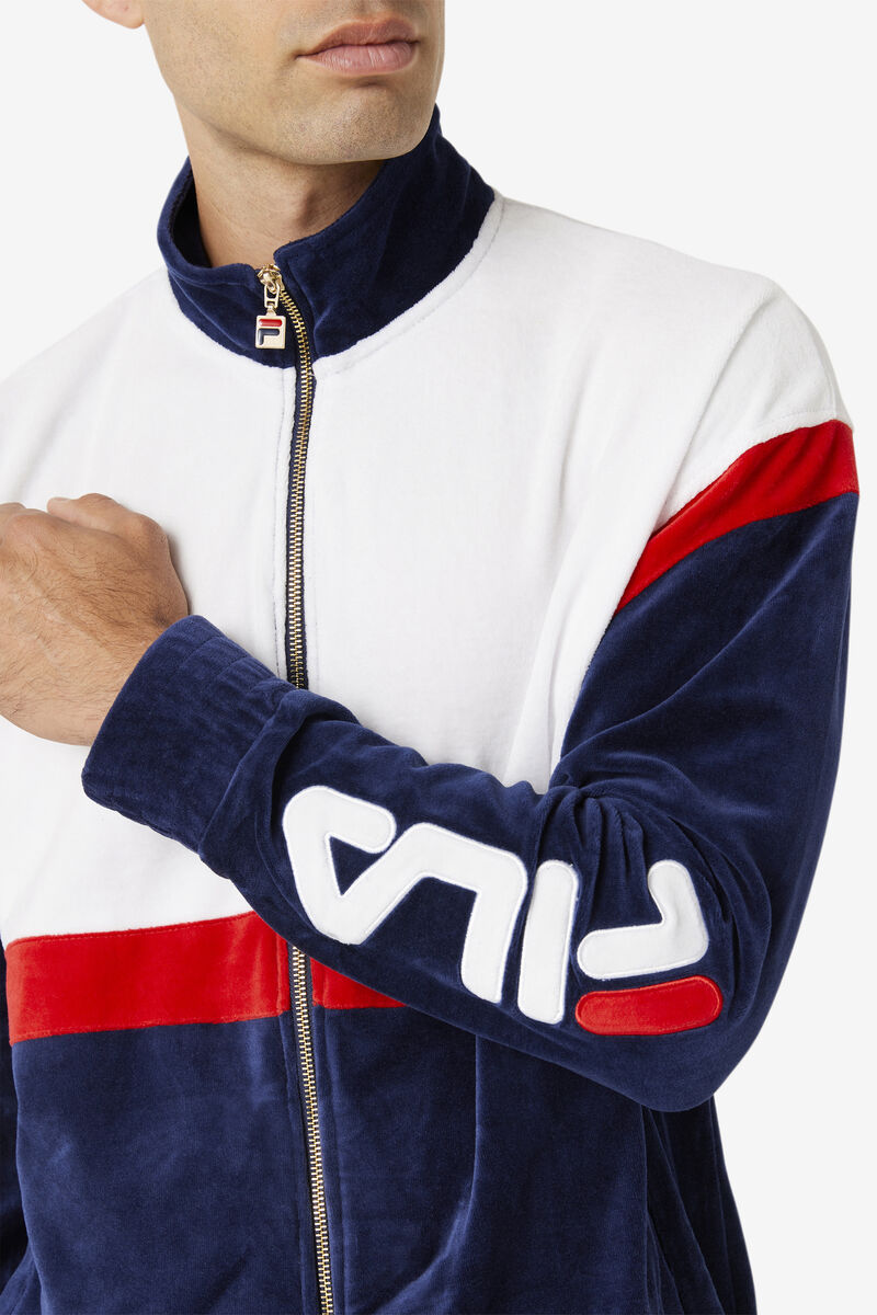 Navy / White / Red Men's Fila Mansur Velour Jacket Jackets | 9nxTtrKoQYV