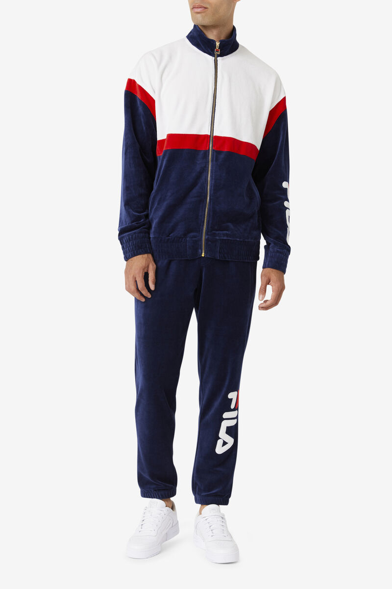 Navy / White / Red Men's Fila Mansur Velour Pant Tracksuits | EZVtbf6tVJI