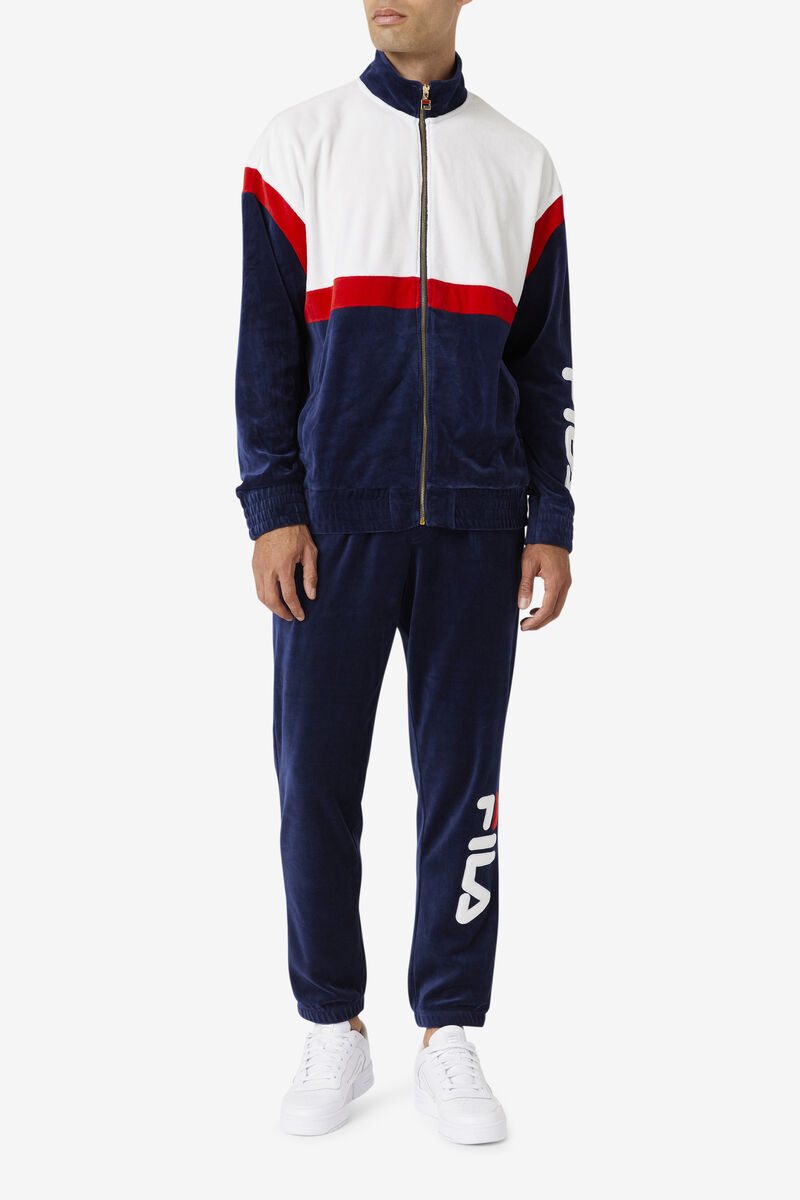 Navy / White / Red Men's Fila Mansur Velour Jacket Tracksuits | uBs62mzJl4c