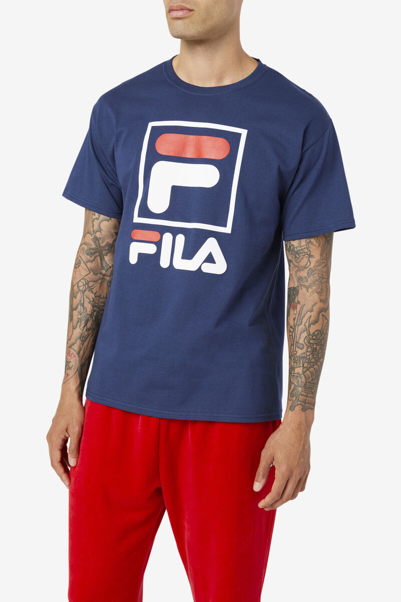 Navy / White / Red Men's Fila Stacked Shirt T Shirts | IsAbXBsy26g