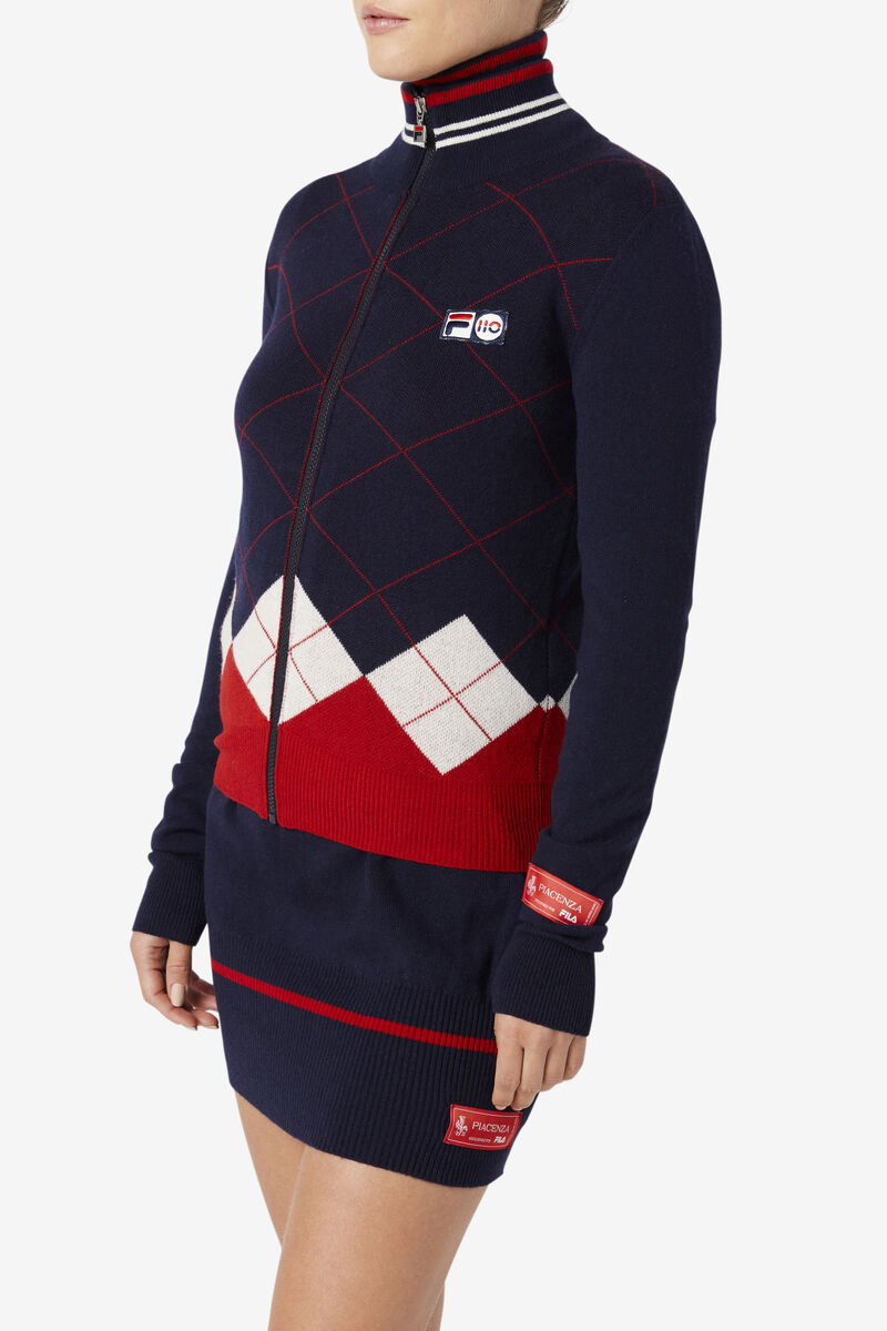 Navy / White / Red Women's Fila 110 Argyle Full Zip Cashmere Sweater Sweaters | EwZlLHoDRgN