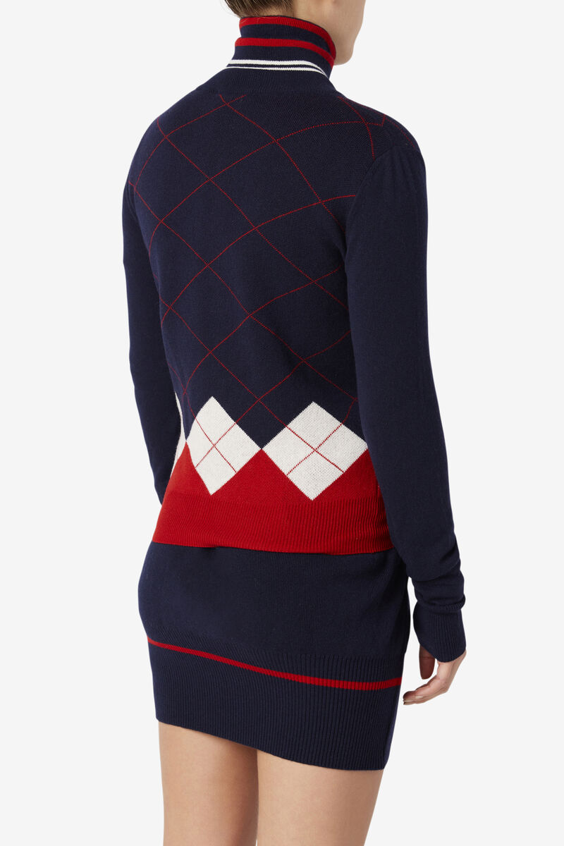 Navy / White / Red Women's Fila 110 Argyle Full Zip Cashmere Sweater Sweaters | EwZlLHoDRgN