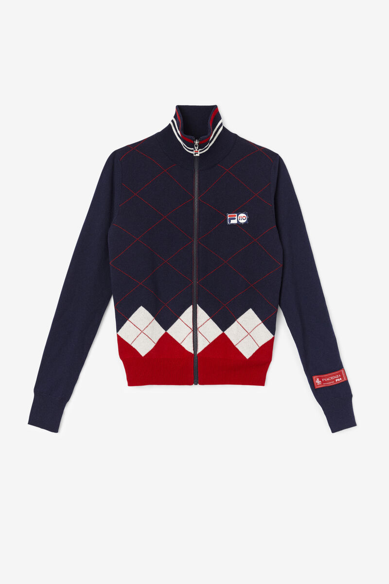 Navy / White / Red Women\'s Fila 110 Argyle Full Zip Cashmere Sweater Sweaters | EwZlLHoDRgN