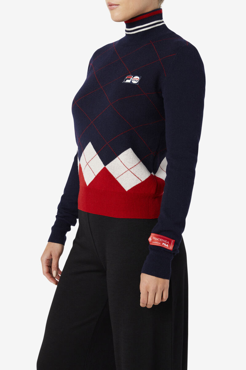 Navy / White / Red Women's Fila 110 Argyle Mock Turtle Neck Cashmere Sweater Sweaters | oq9cA9lYzXT