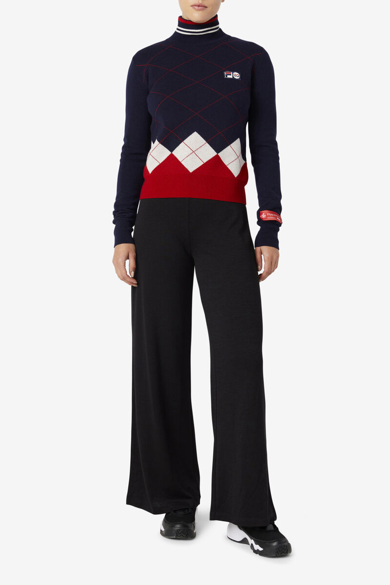 Navy / White / Red Women's Fila 110 Argyle Mock Turtle Neck Cashmere Sweater Sweaters | oq9cA9lYzXT