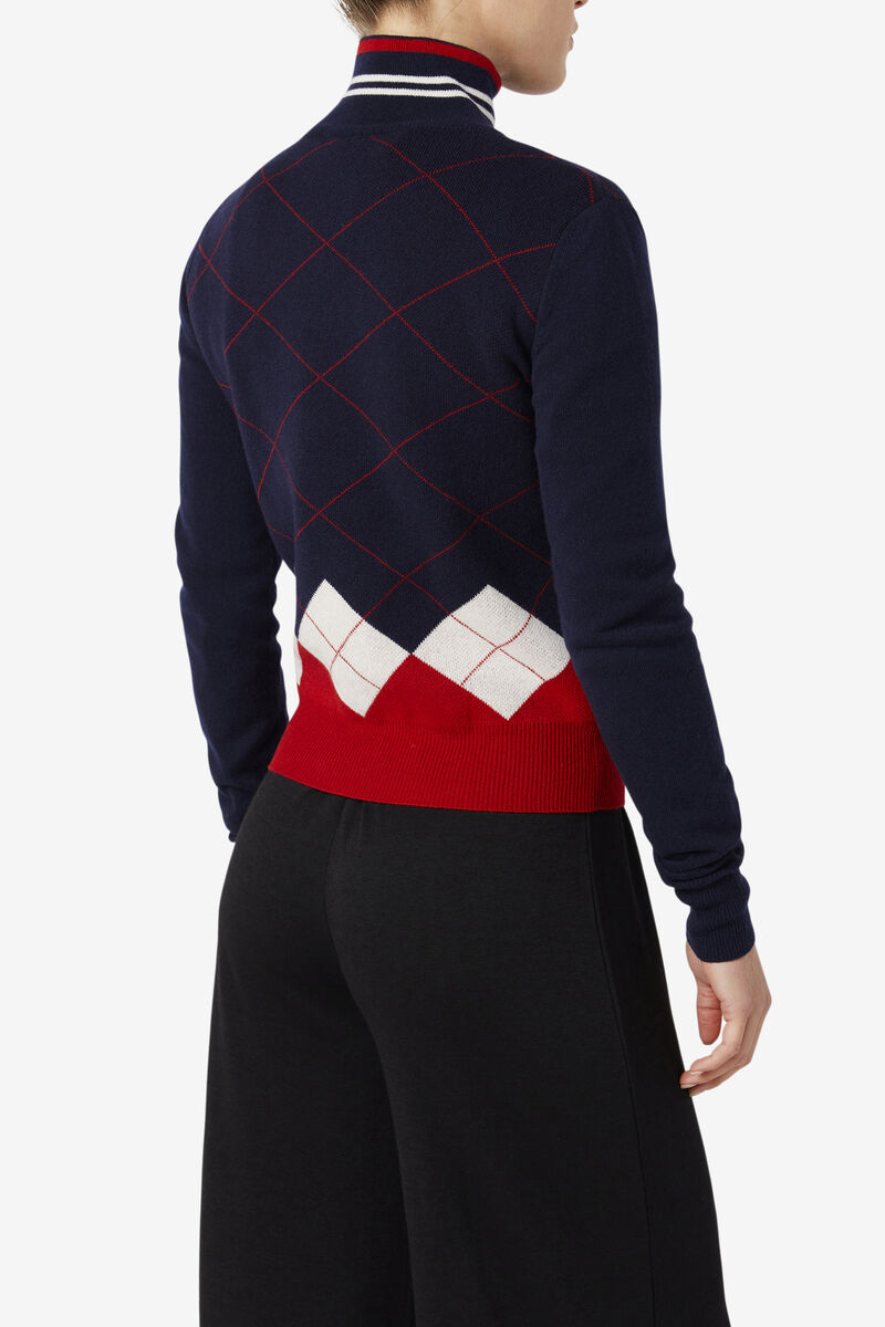 Navy / White / Red Women's Fila 110 Argyle Mock Turtle Neck Cashmere Sweater Sweaters | oq9cA9lYzXT