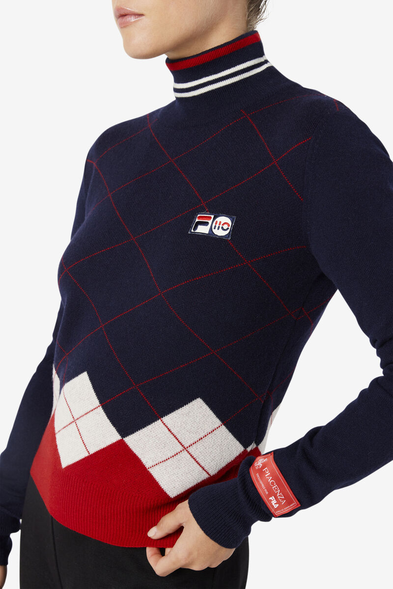 Navy / White / Red Women's Fila 110 Argyle Mock Turtle Neck Cashmere Sweater Sweaters | oq9cA9lYzXT