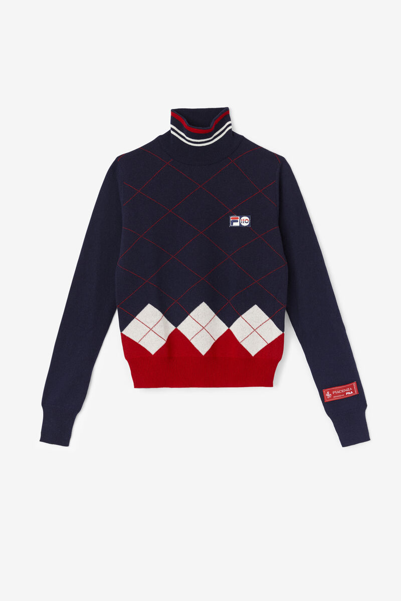 Navy / White / Red Women\'s Fila 110 Argyle Mock Turtle Neck Cashmere Sweater Sweaters | oq9cA9lYzXT