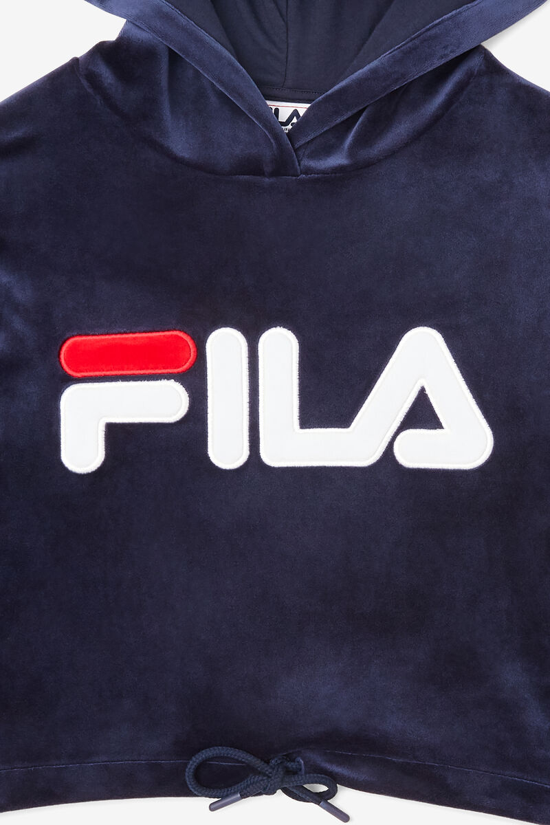 Navy / White / Red Women's Fila Aitana Crop Velour Hoodie Hoodies | dkguKwDWstu