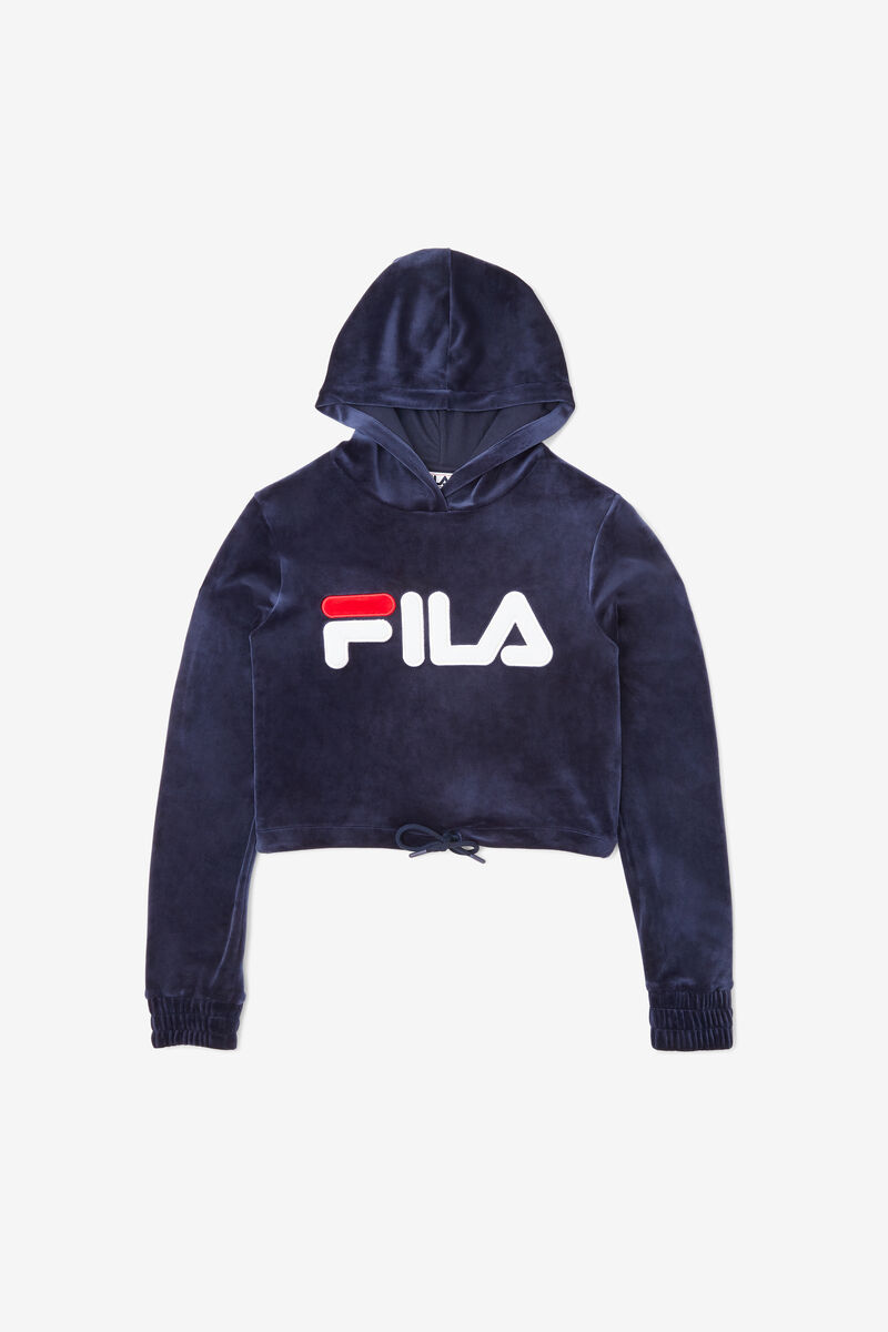 Navy / White / Red Women\'s Fila Aitana Crop Velour Hoodie Hoodies | dkguKwDWstu