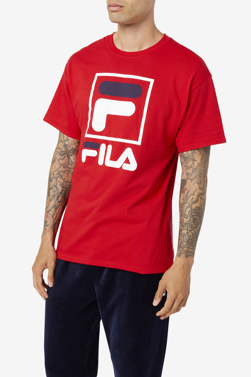 Red / White / Navy Men's Fila Stacked Shirt T Shirts | zvQ6EL2LNjf