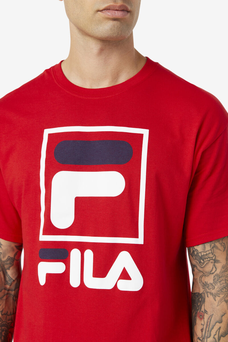 Red / White / Navy Men's Fila Stacked Shirt T Shirts | zvQ6EL2LNjf