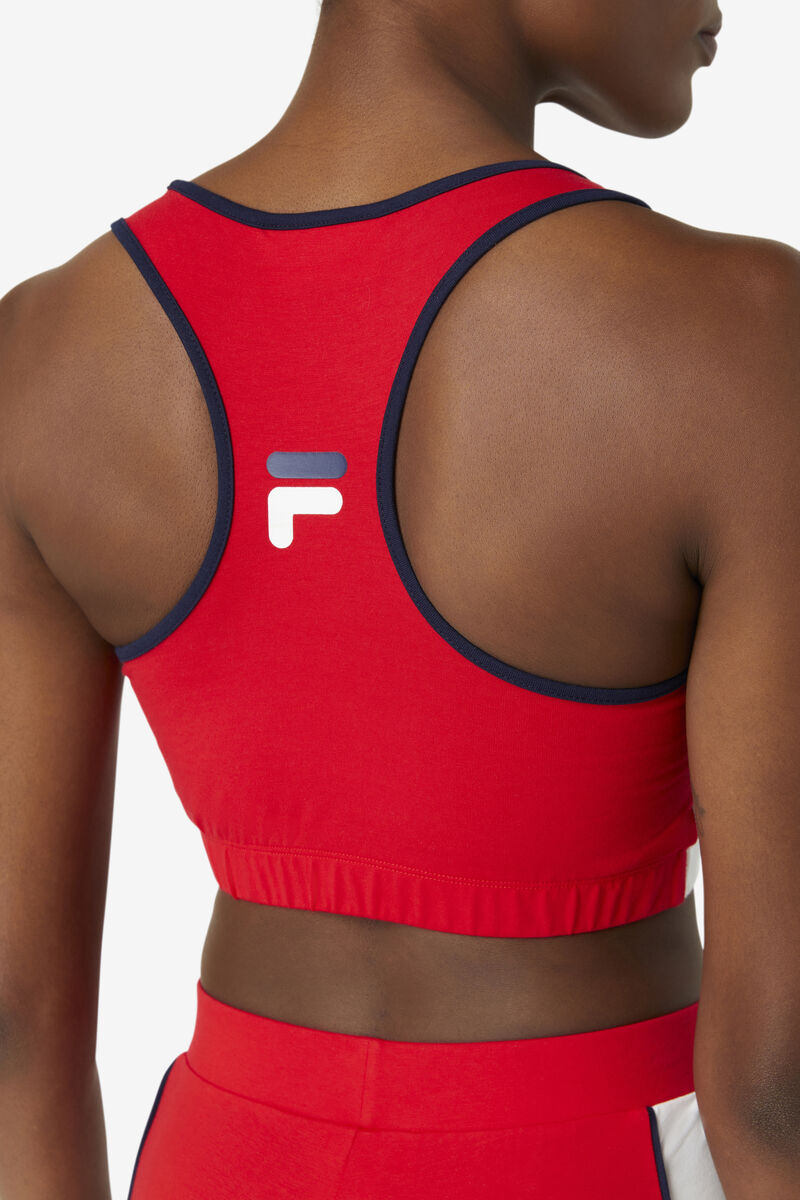 Red / White / Navy Women's Fila Poesia Bra Top Shorts | Qfl4LJaZu4u