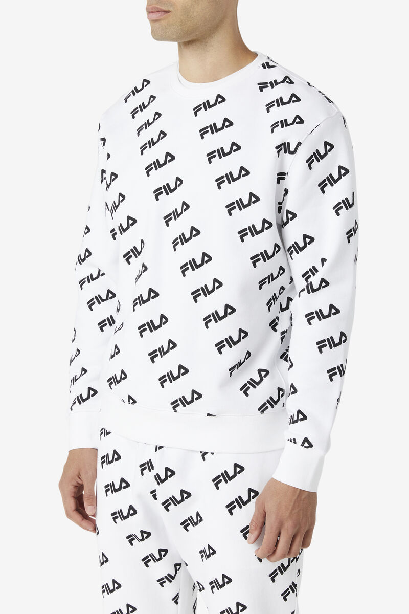 White / Black Men's Fila Diagonal Logo Crew Sweatshirts | PfmmfVzBFTf