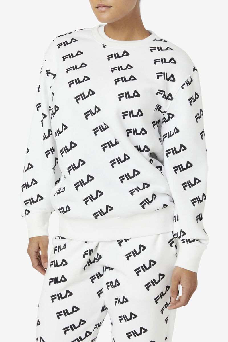 White / Black Women's Fila Diagonal Logo Crew Sweatshirts | 5CRXy52i2kW