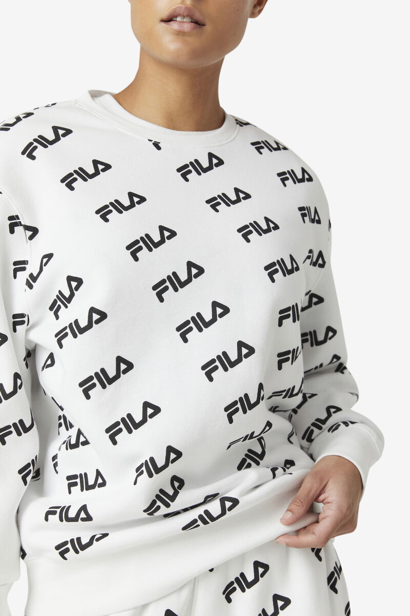 White / Black Women's Fila Diagonal Logo Crew Sweatshirts | 5CRXy52i2kW