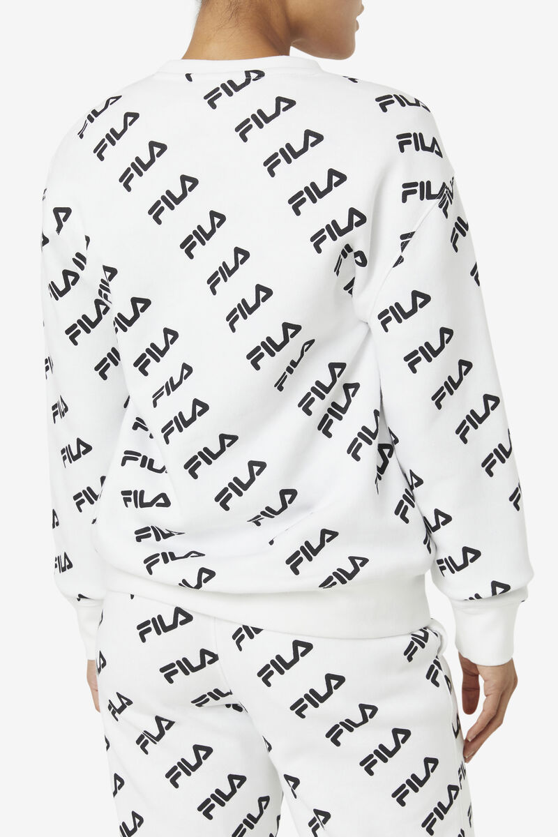 White / Black Women's Fila Diagonal Logo Crew Sweatshirts | 5CRXy52i2kW