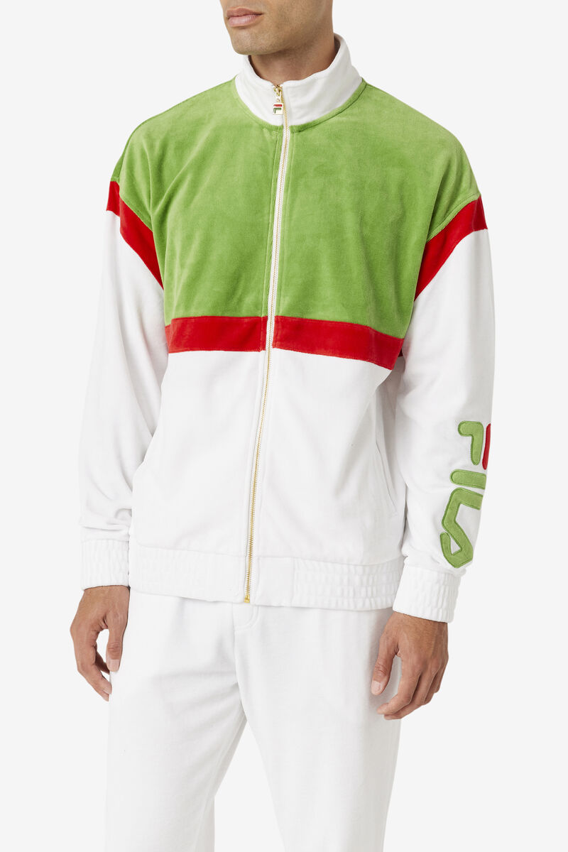 White / Green / Red Men's Fila Mansur Velour Jacket Tracksuits | 48MSJtIfLaz