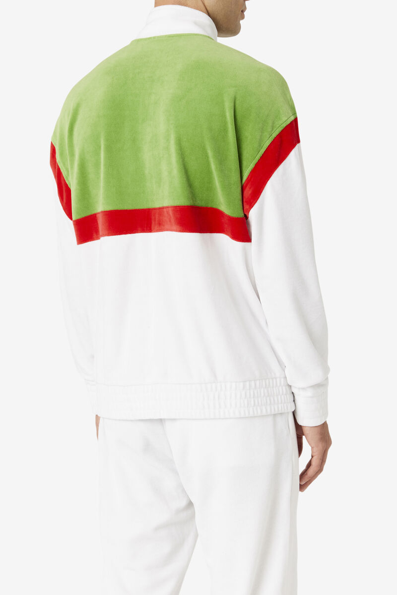 White / Green / Red Men's Fila Mansur Velour Jacket Tracksuits | 48MSJtIfLaz