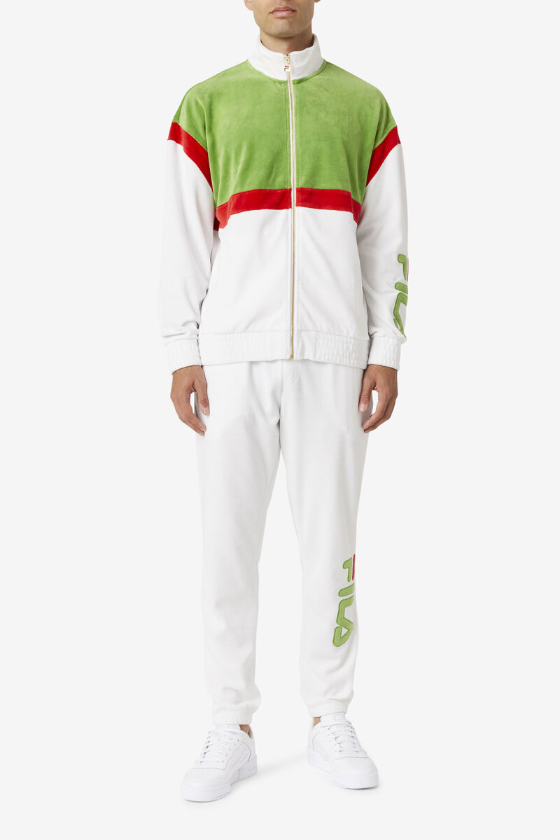 White / Green / Red Men's Fila Mansur Velour Jacket Tracksuits | 48MSJtIfLaz