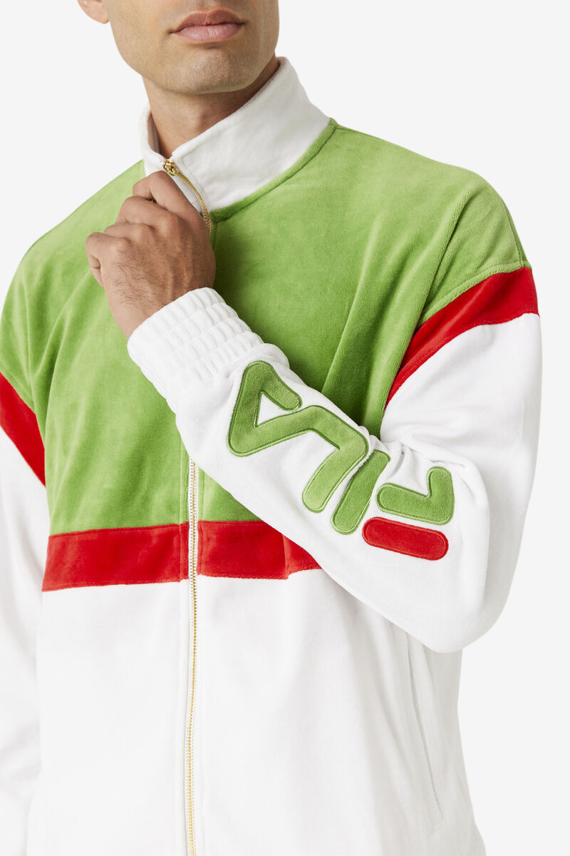 White / Green / Red Men's Fila Mansur Velour Jacket Tracksuits | 48MSJtIfLaz